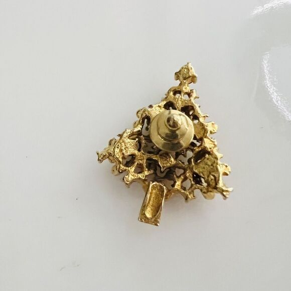 Vintage Christmas Tree Holiday Brooch Pin Gold Tone Multicolor Rhinestones 1151 - Picture 5 of 8